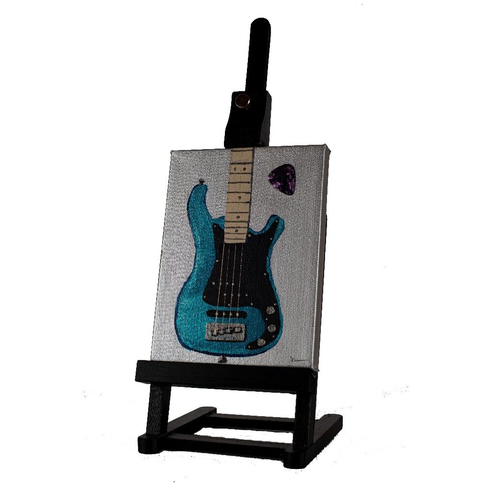 Orig Acrylic Painting w/Easel "Bass Guitar in Metallic Blue I" by Dawn M. Wayand